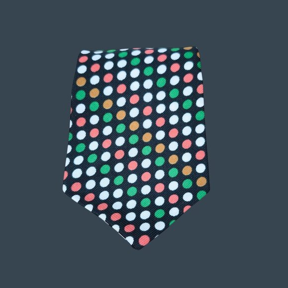 Polka Dot Patterned Neck Tie With Red Green White Gold Dots On Black Background - Picture 1 of 4